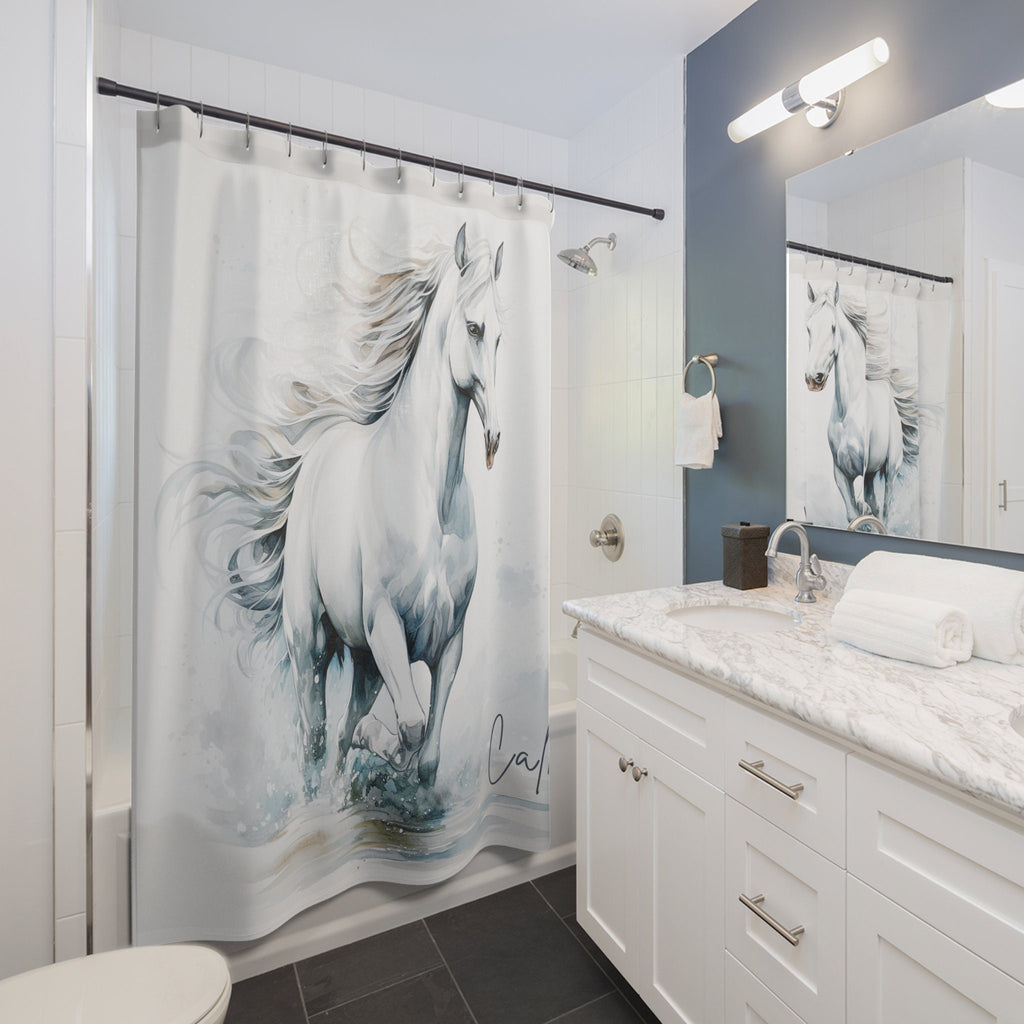 White Stallion Calm II Majesty  Boho Shower Curtain