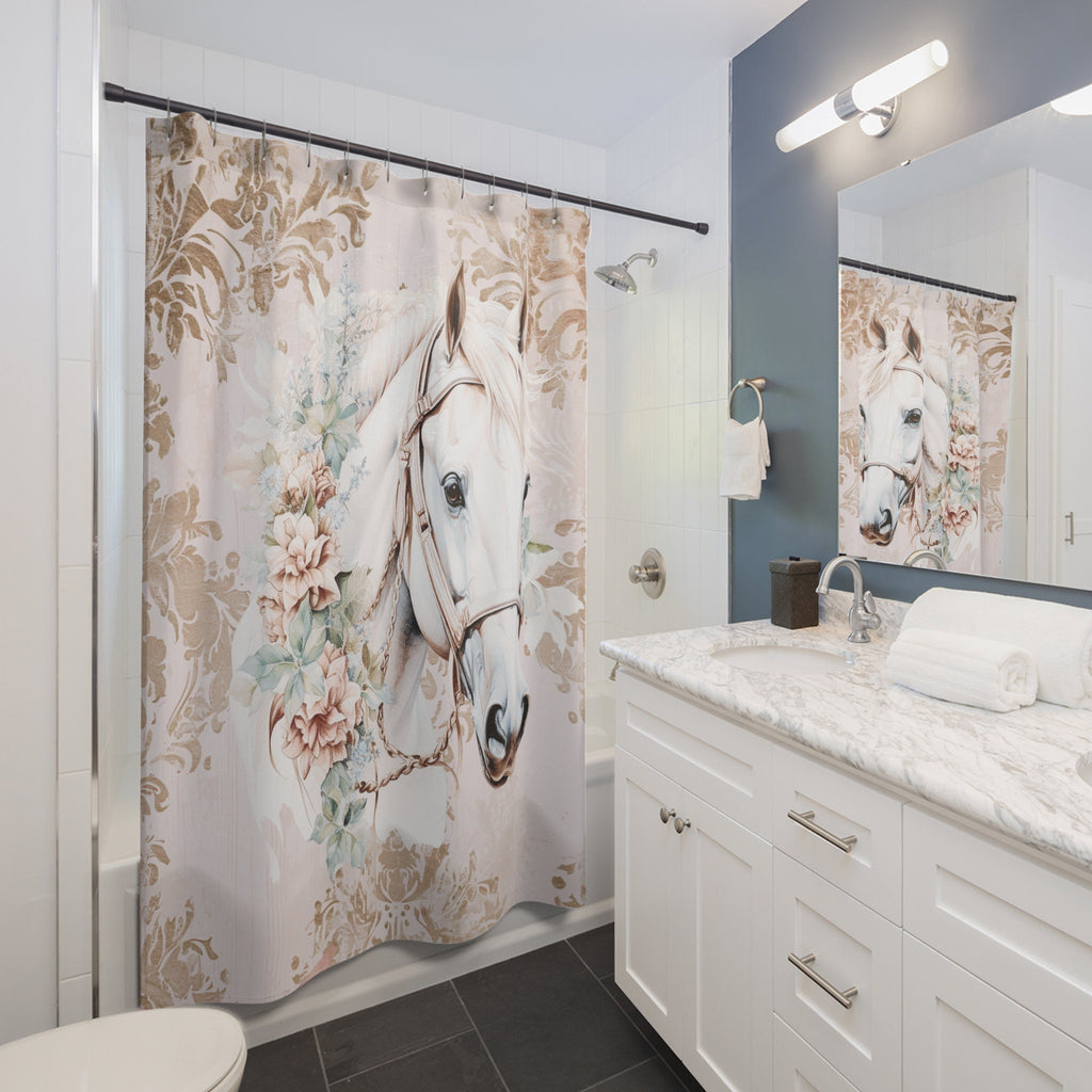 White Horse Head Profile Boho Shabby Damask Shower Curtain
