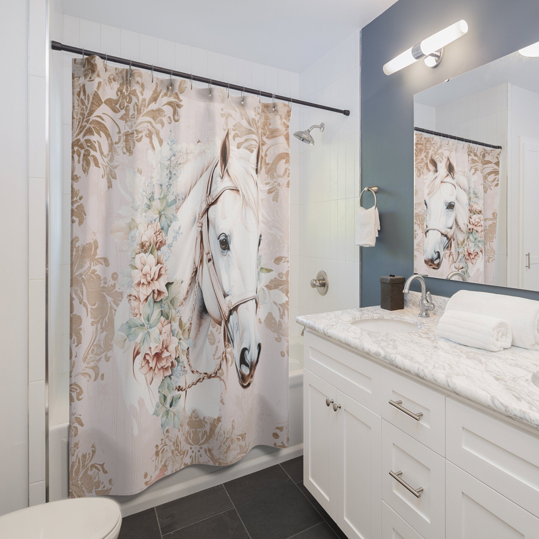 White Horse Head Profile Boho Shabby Damask Shower Curtain