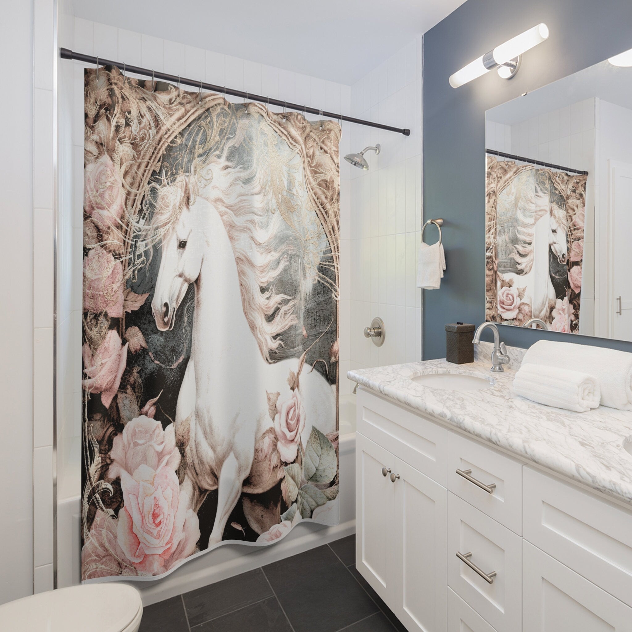 Shabby Romantica White Horse Boho Shower Curtain