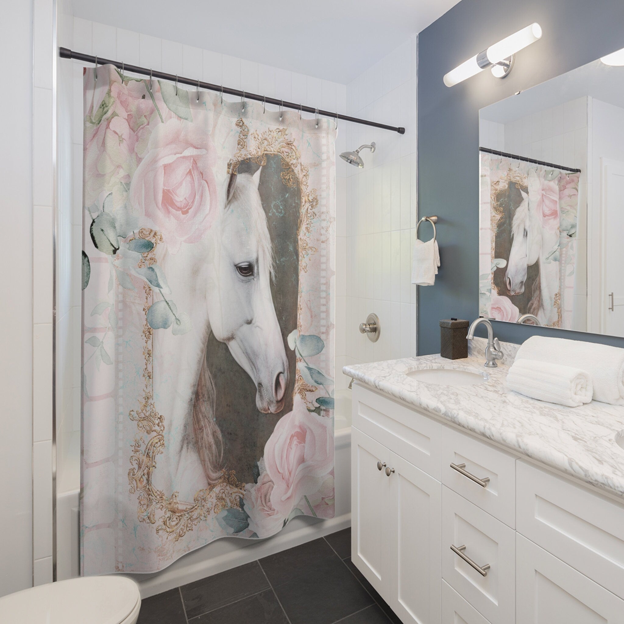 Romantica White Horse Boho Shabby Shower Curtain