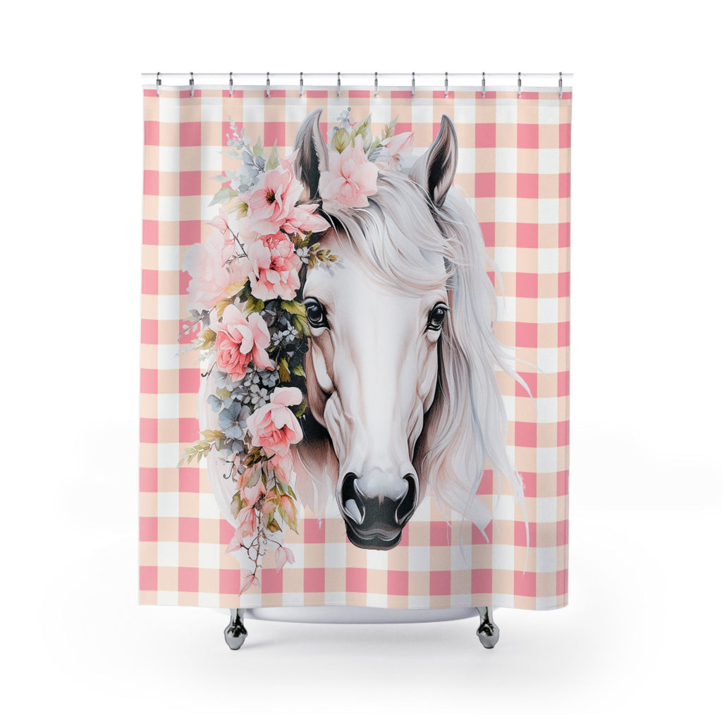 Rustic Boho White Horse Shabby Pink Gingham Shower Curtain