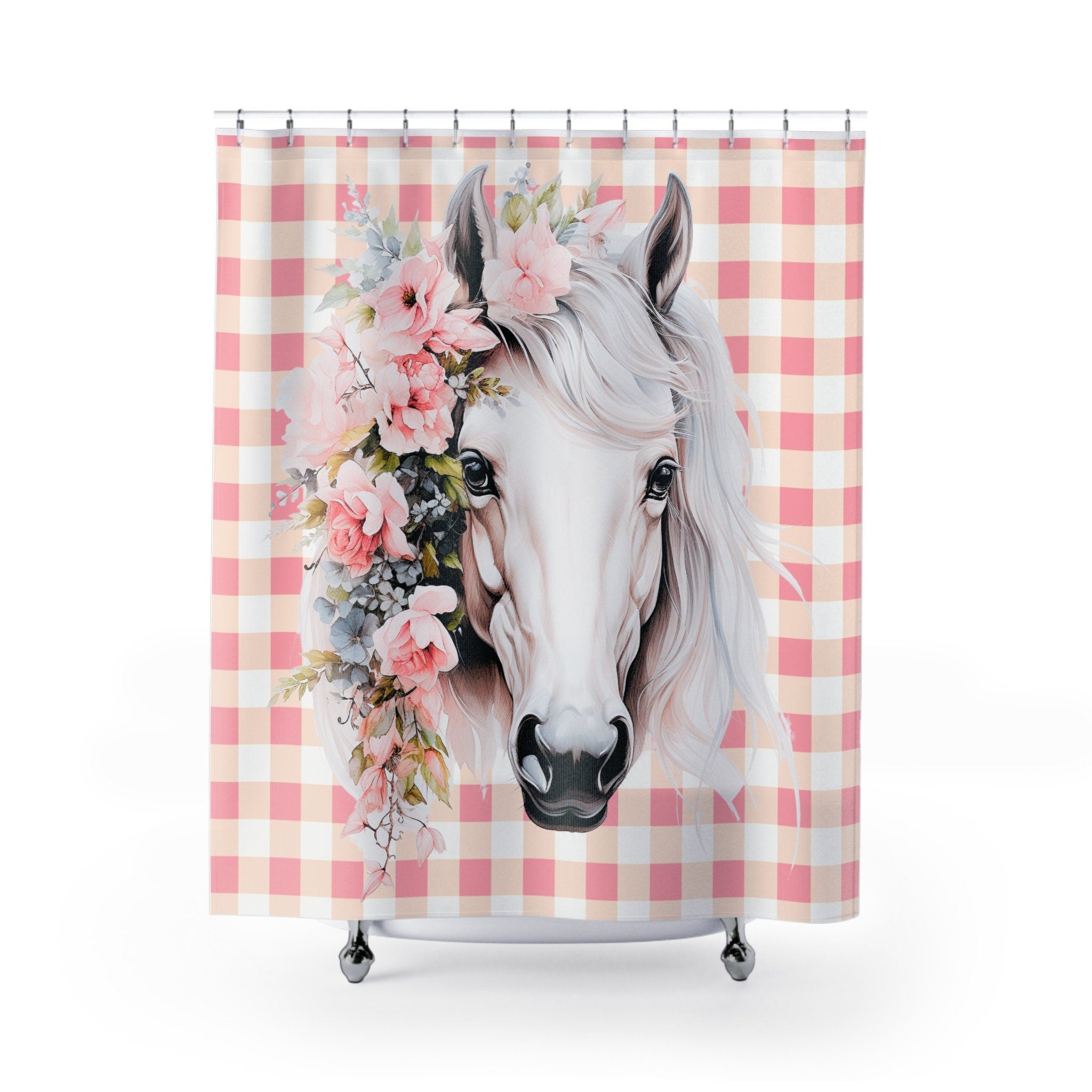 Rustic Boho White Horse Shabby Pink Gingham Shower Curtain
