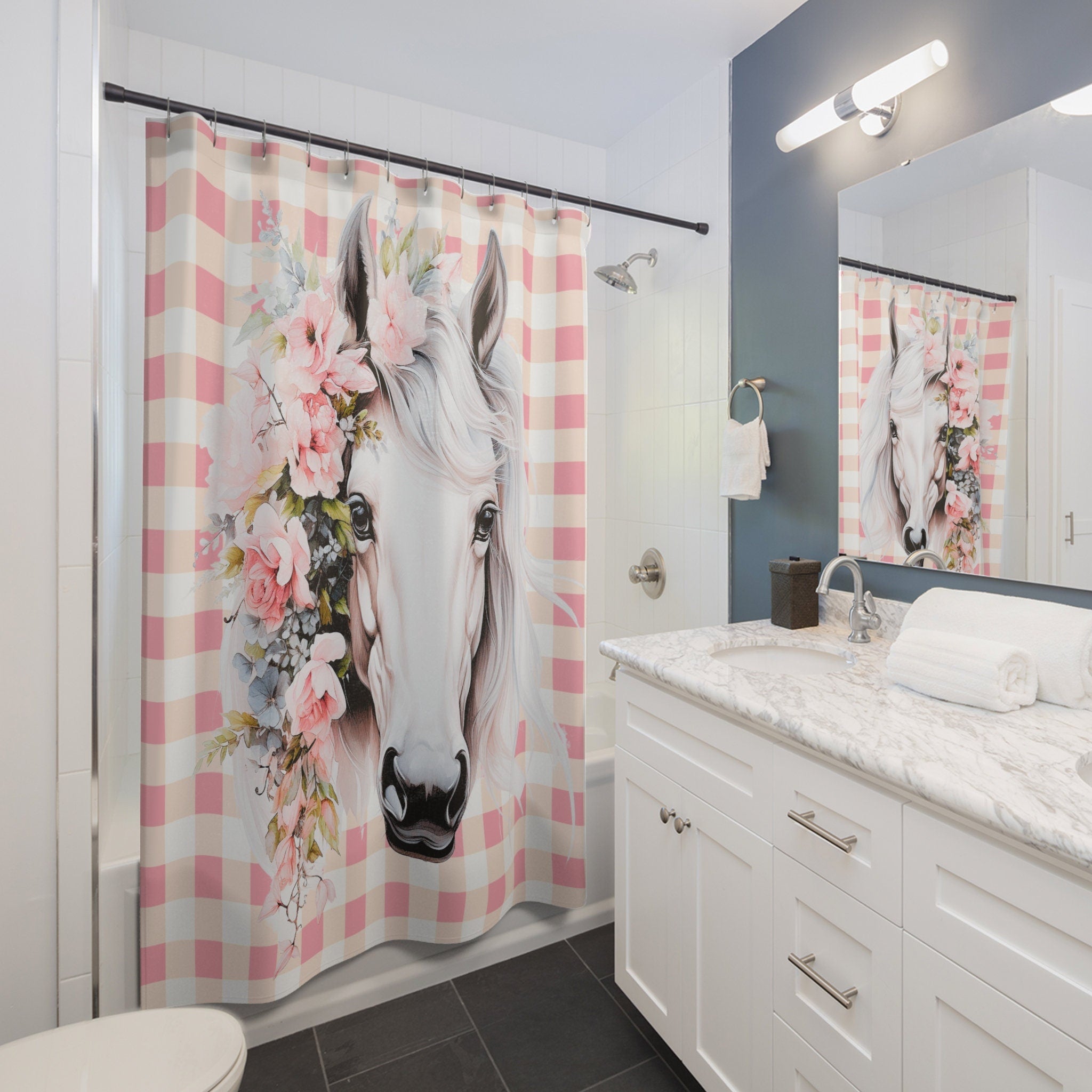 Rustic Boho White Horse Shabby Pink Gingham Shower Curtain
