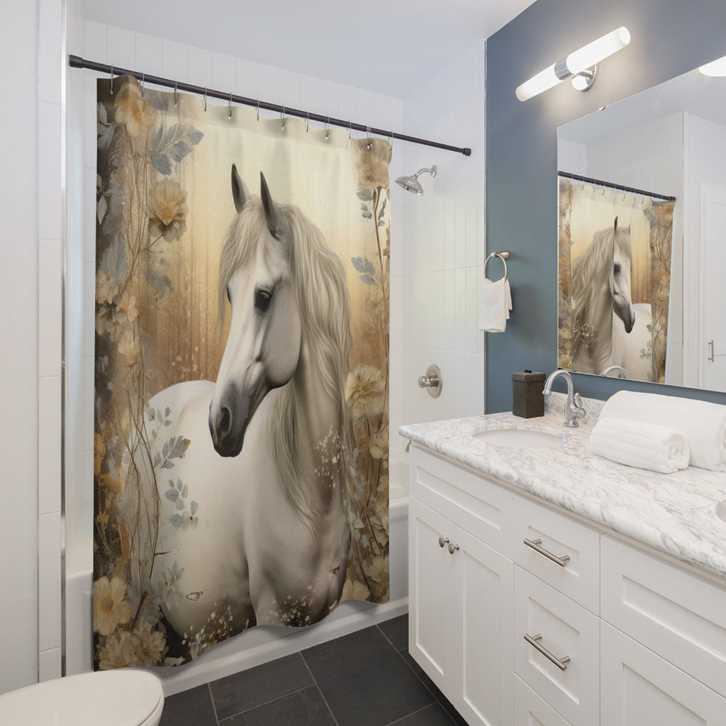 Boho Rustic Neutrals White Horse Watercolor Shower Curtain