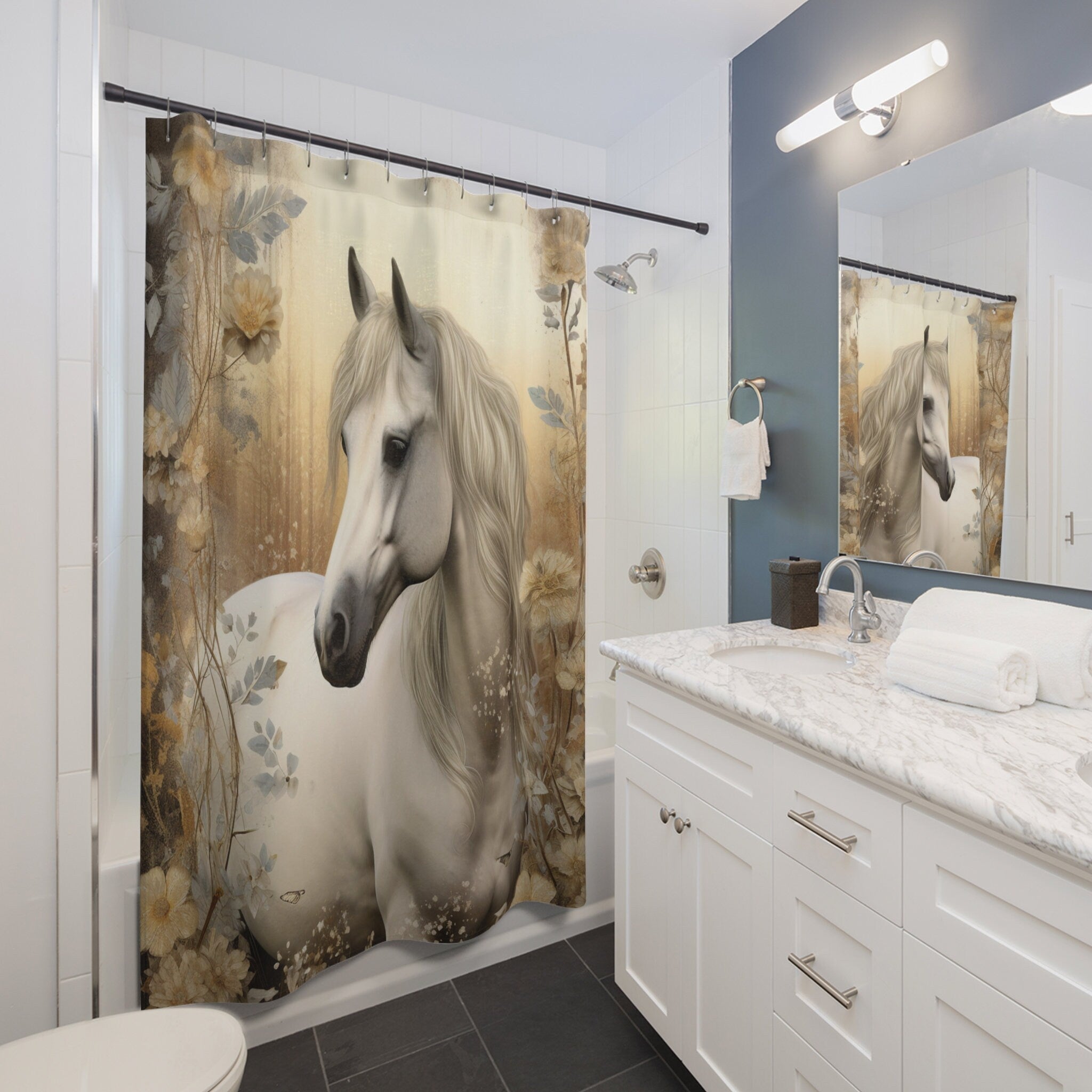 Boho Rustic Neutrals White Horse Watercolor Shower Curtain