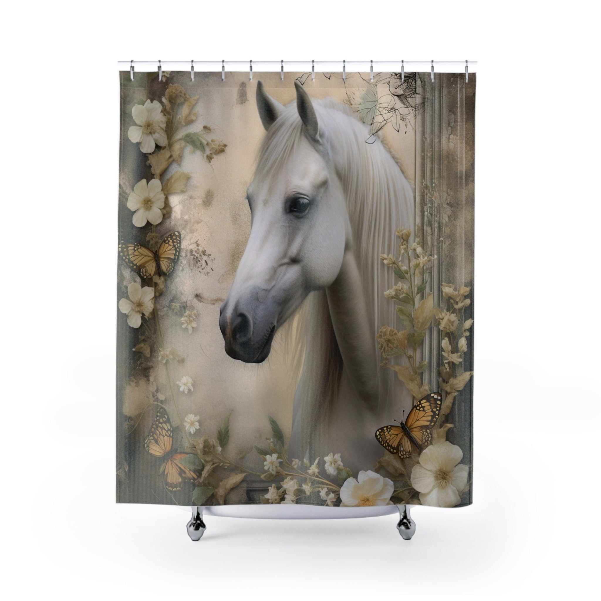 Boho Rustic Neutrals White Horse Profile Watercolor Shower Curtain