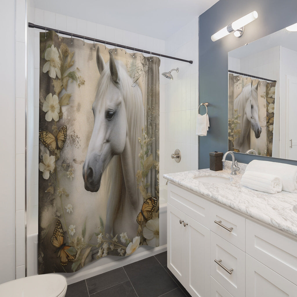 Boho Rustic Neutrals White Horse Profile Watercolor Shower Curtain