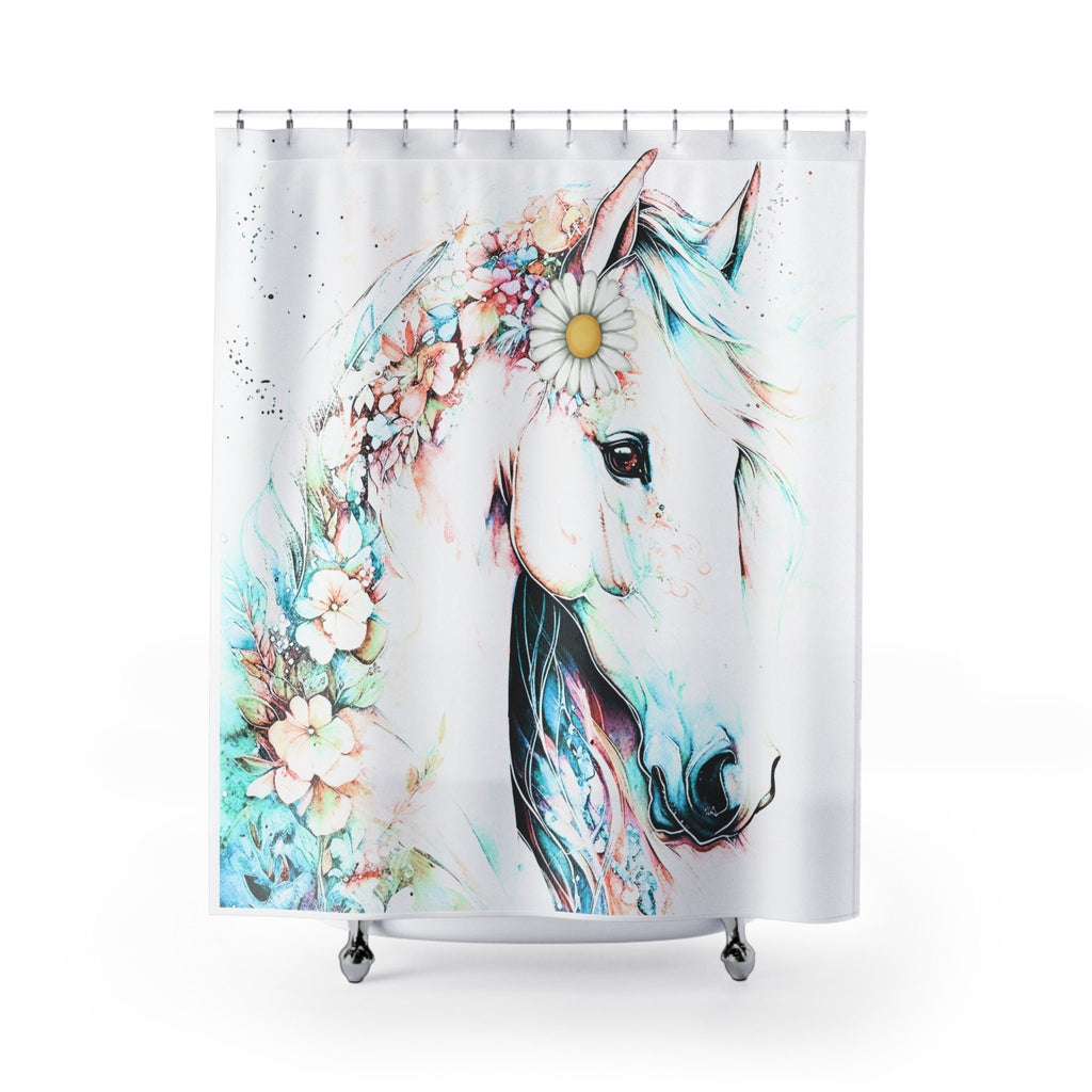 Boho White Stallion Teal Accents Shower Curtain