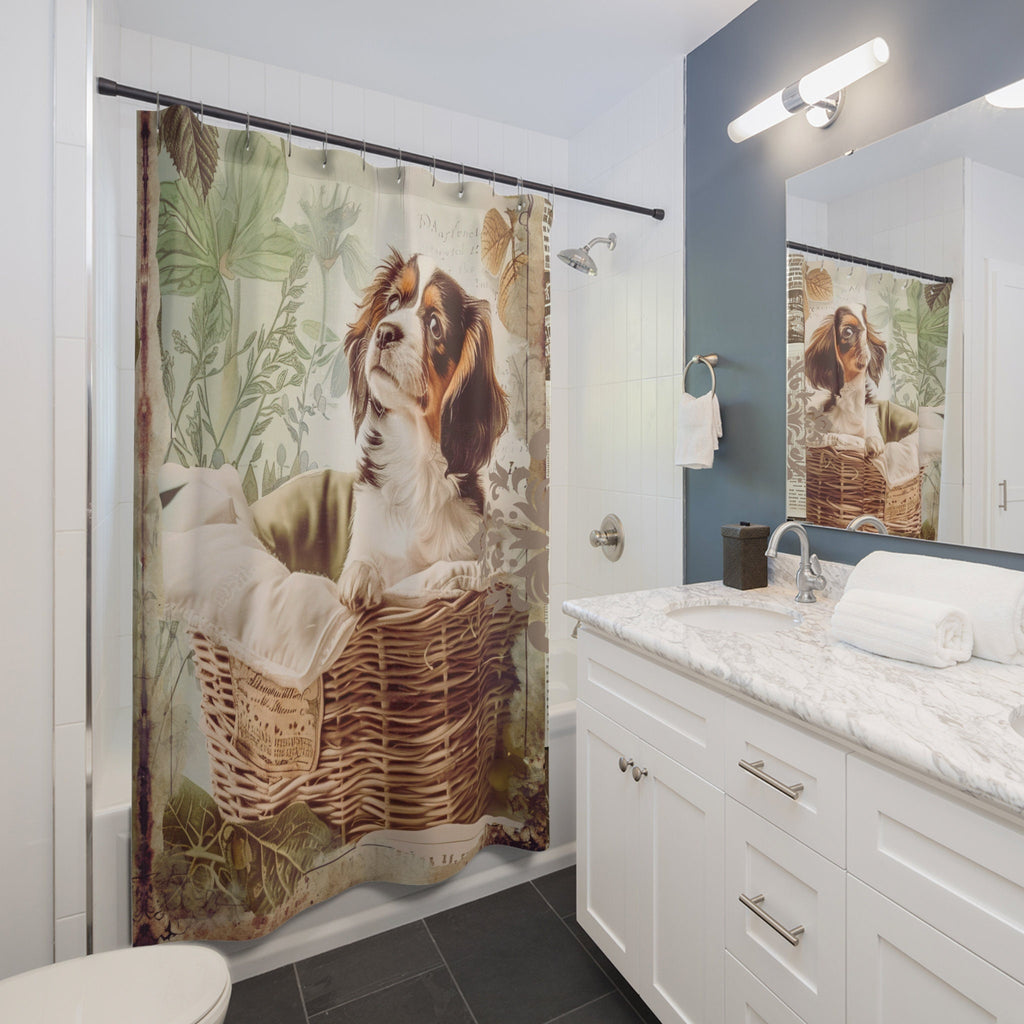Adorable Puppy in Basket Shower Curtain