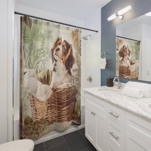 Adorable Puppy in Basket Shower Curtain