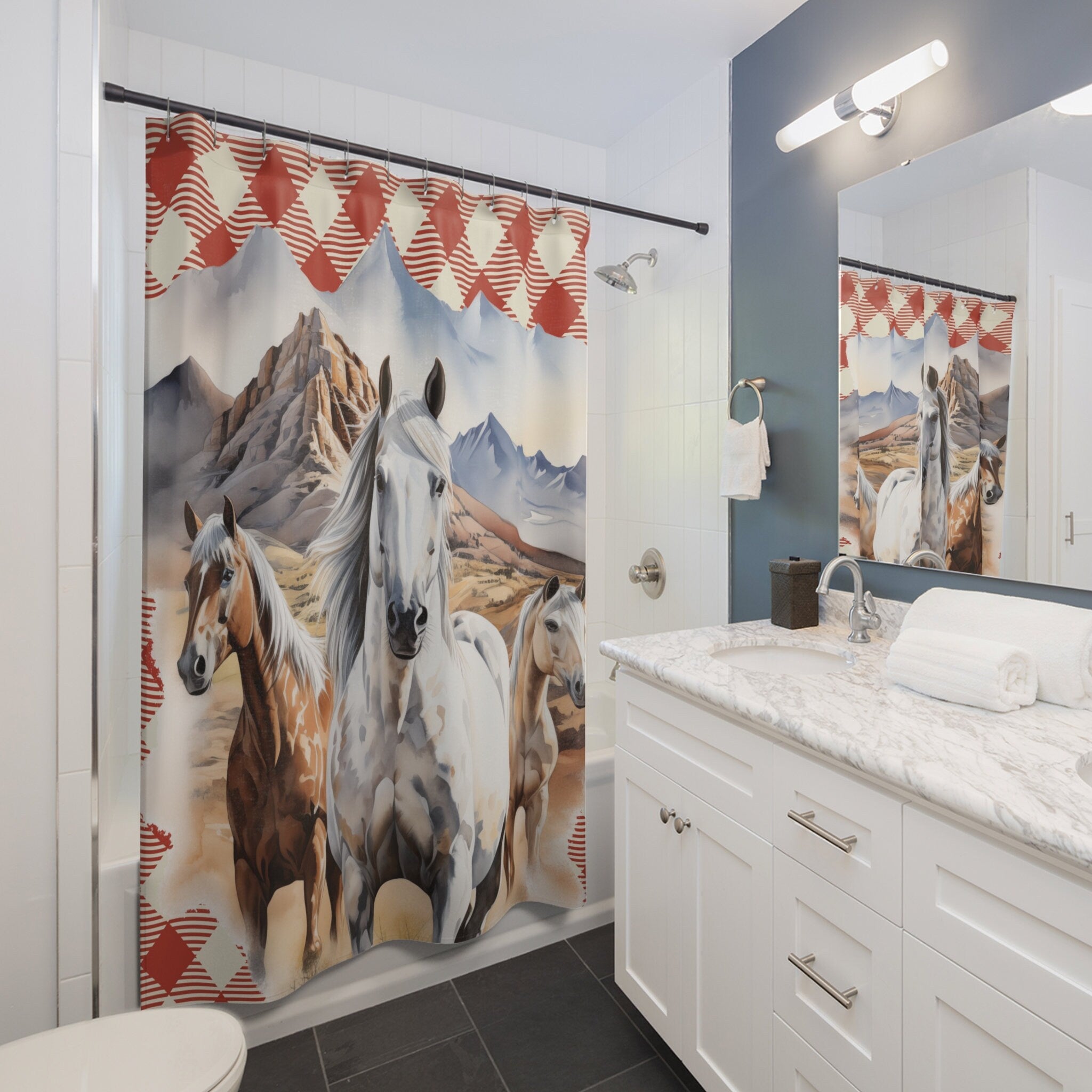 Old Western Horses Red Gingham Shower Curtain