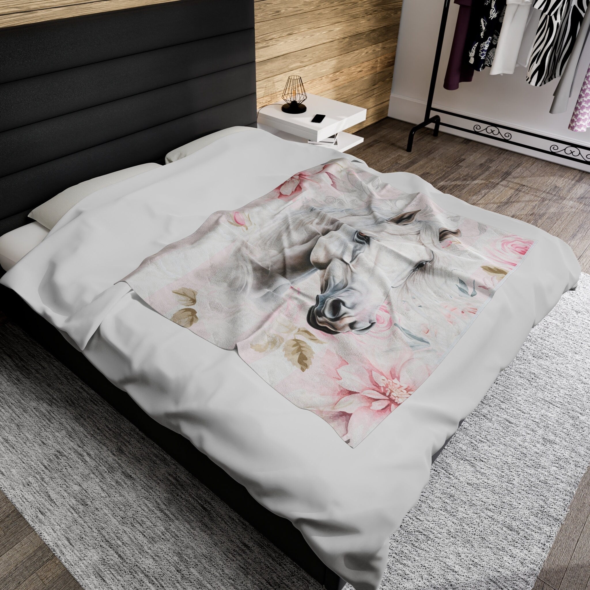 Shabby Rustic Chic White Horse Cottage Plush Blanket