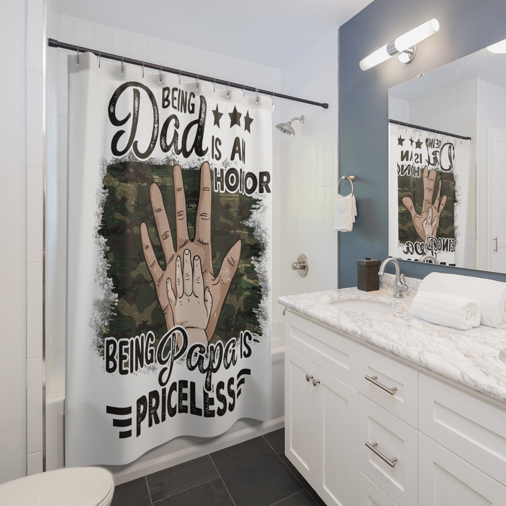 Priceless Being Papa Shower Curtain White Camo Black