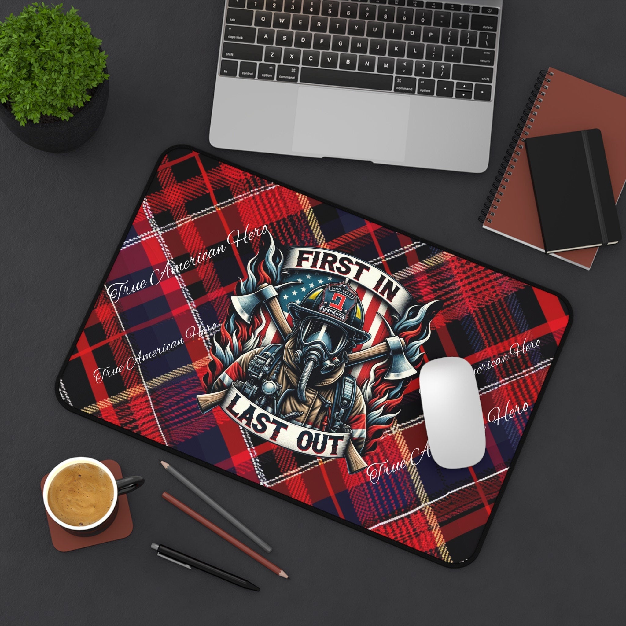 Firefighter Desk Mat - Heroic Plaid Design
