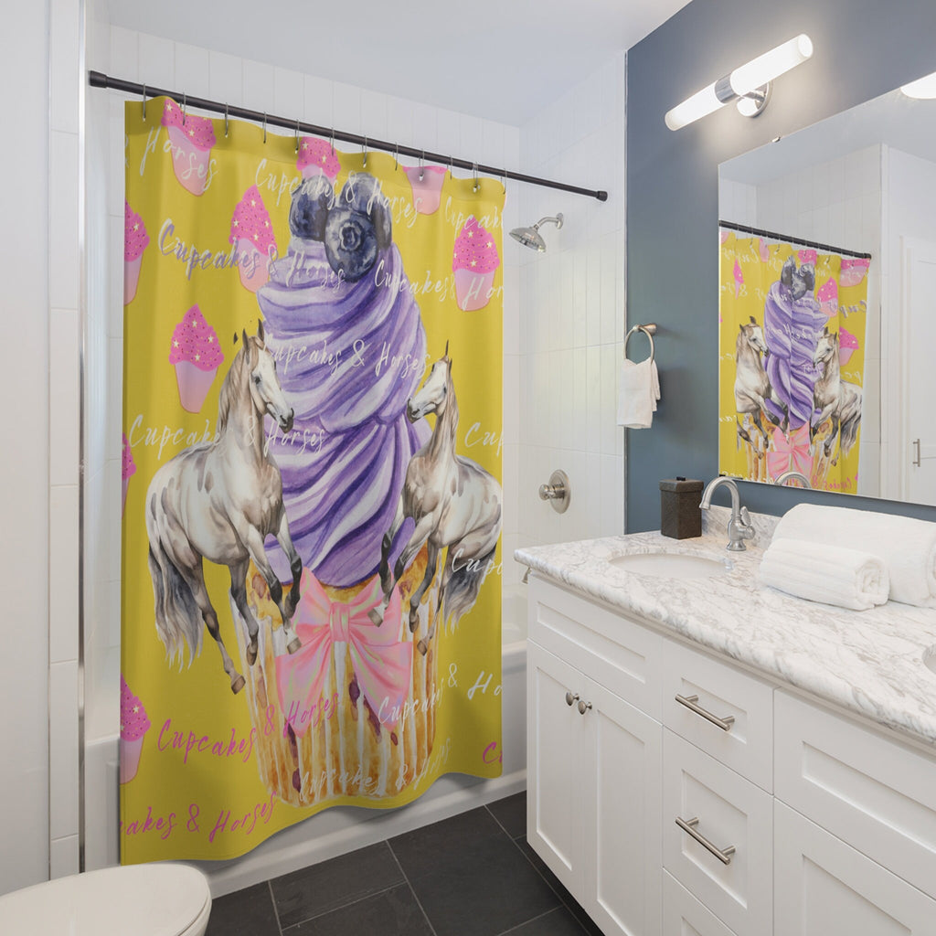 Yellow Cupcakes & Horses Playful Shower Curtain