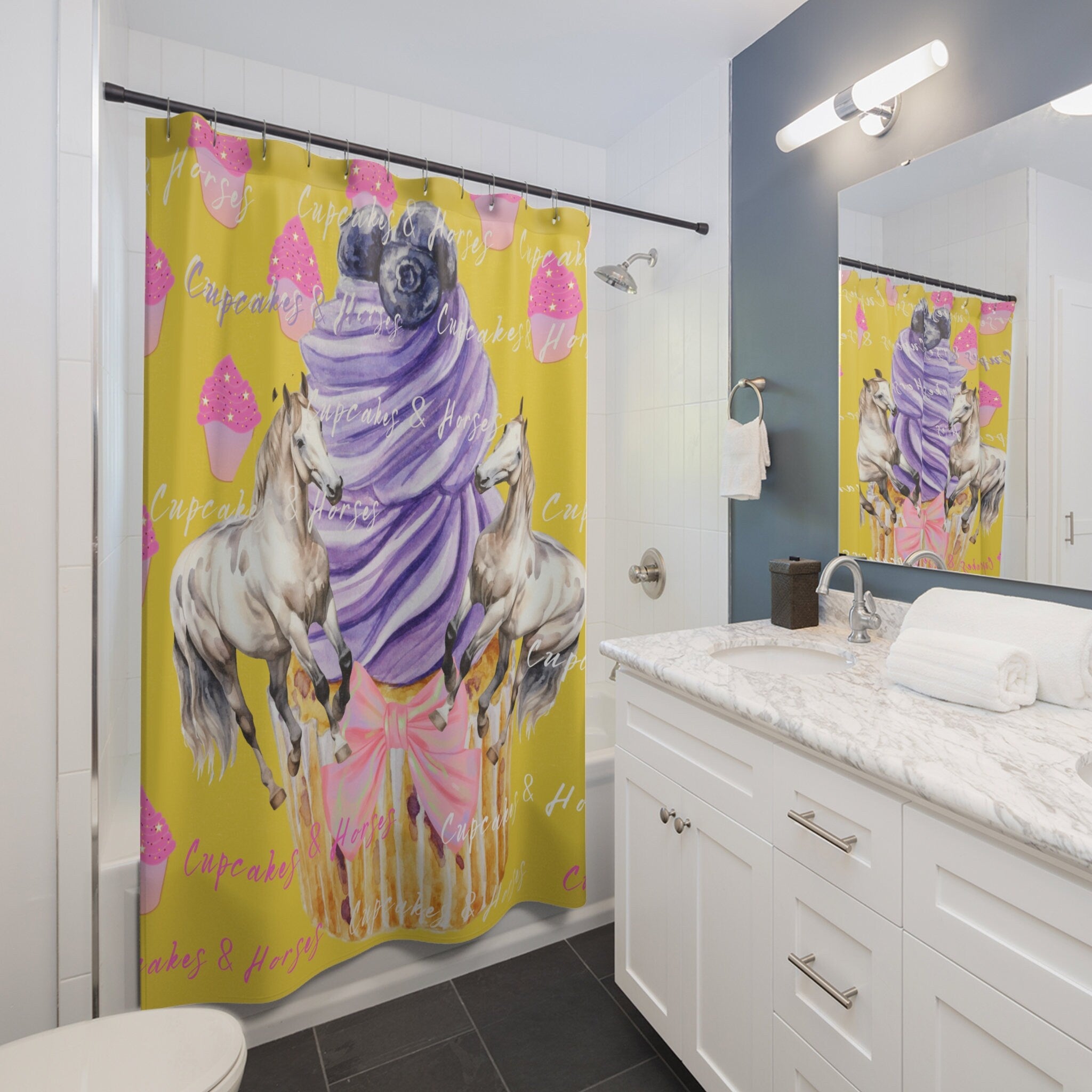 Yellow Cupcakes & Horses Playful Shower Curtain