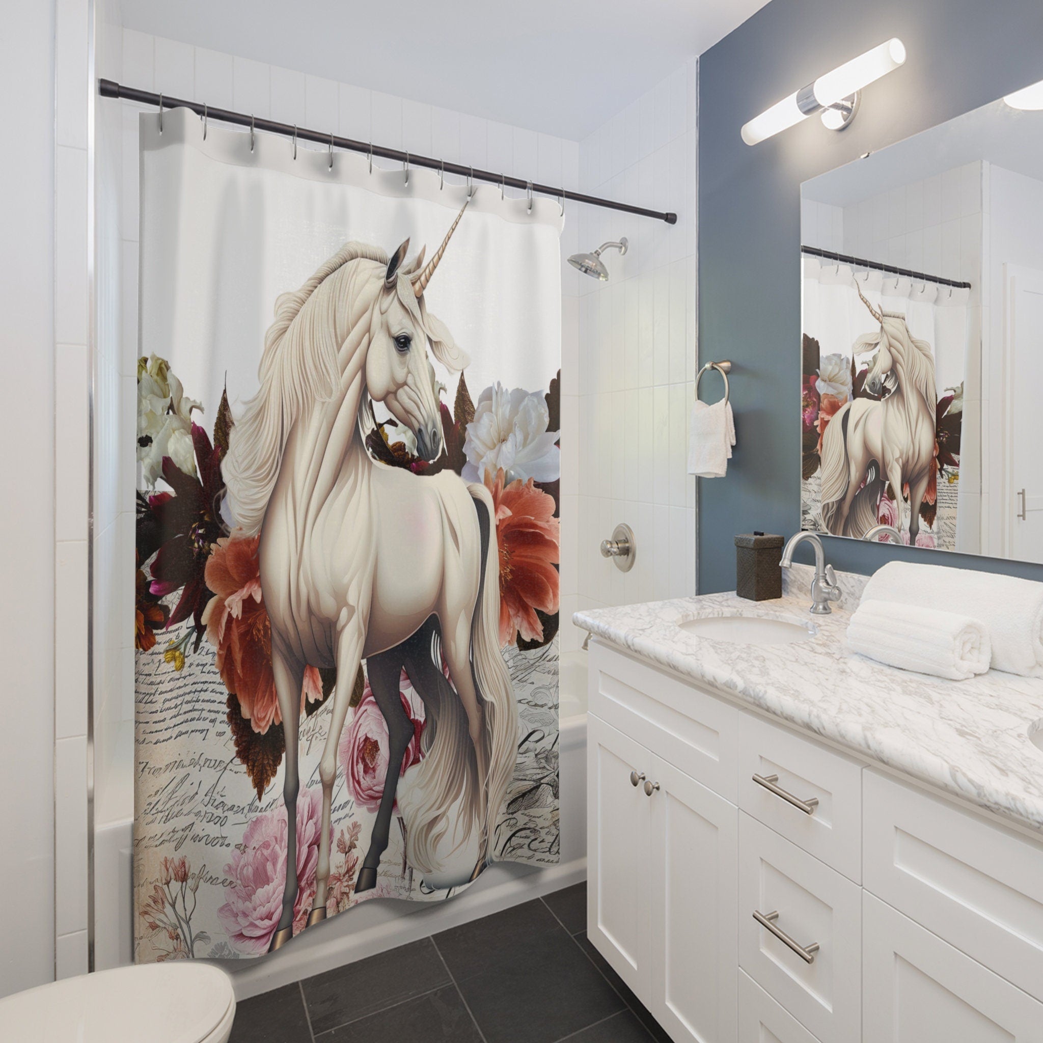 Unicorn Bold Velour Flowers Shower Curtain