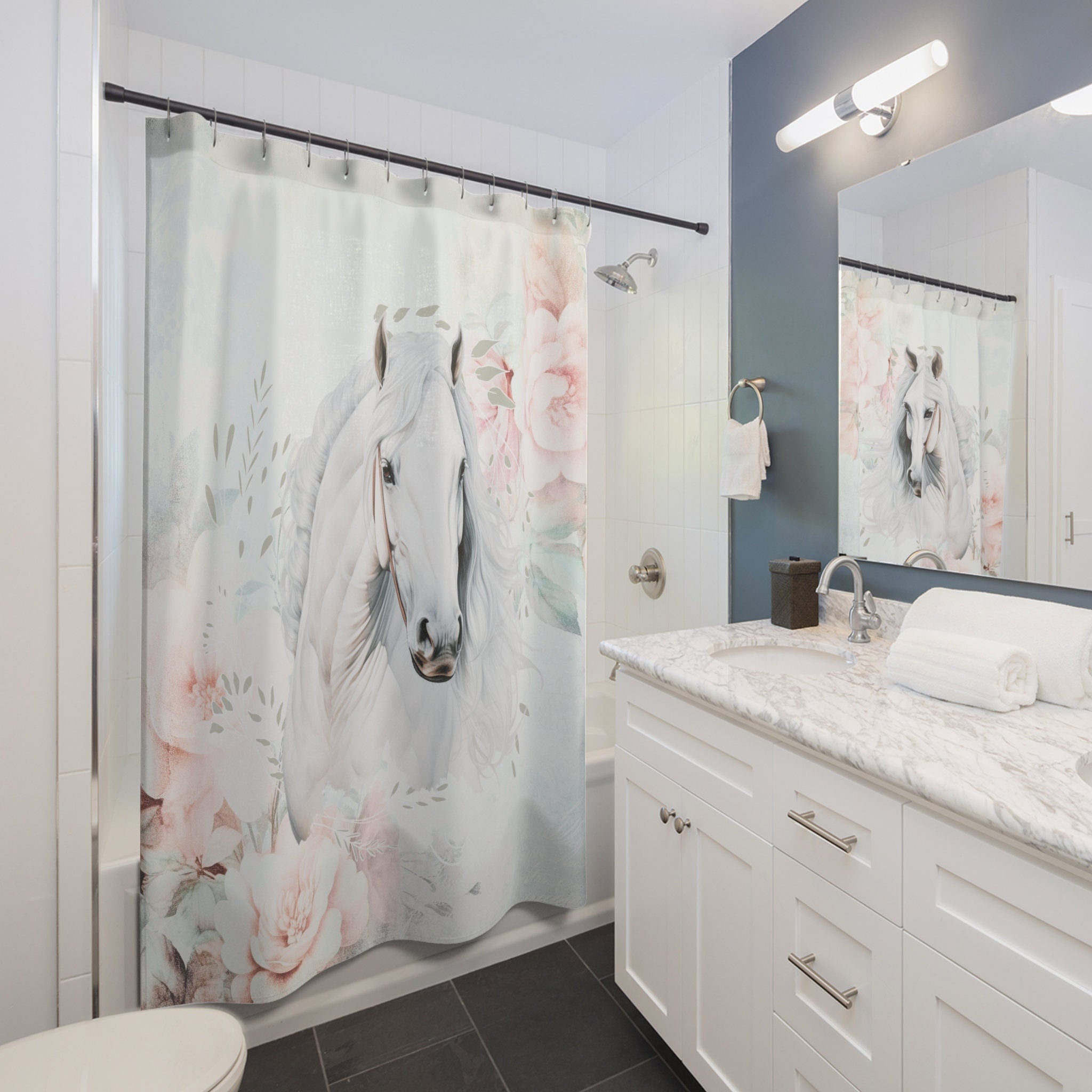 White Horse Shabby Pastel Shower Curtain