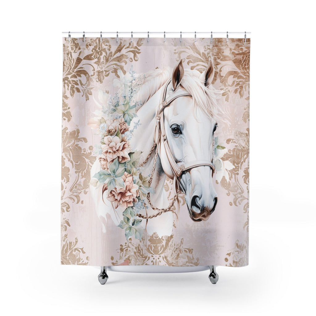 White Horse Head Profile Boho Shabby Damask Shower Curtain
