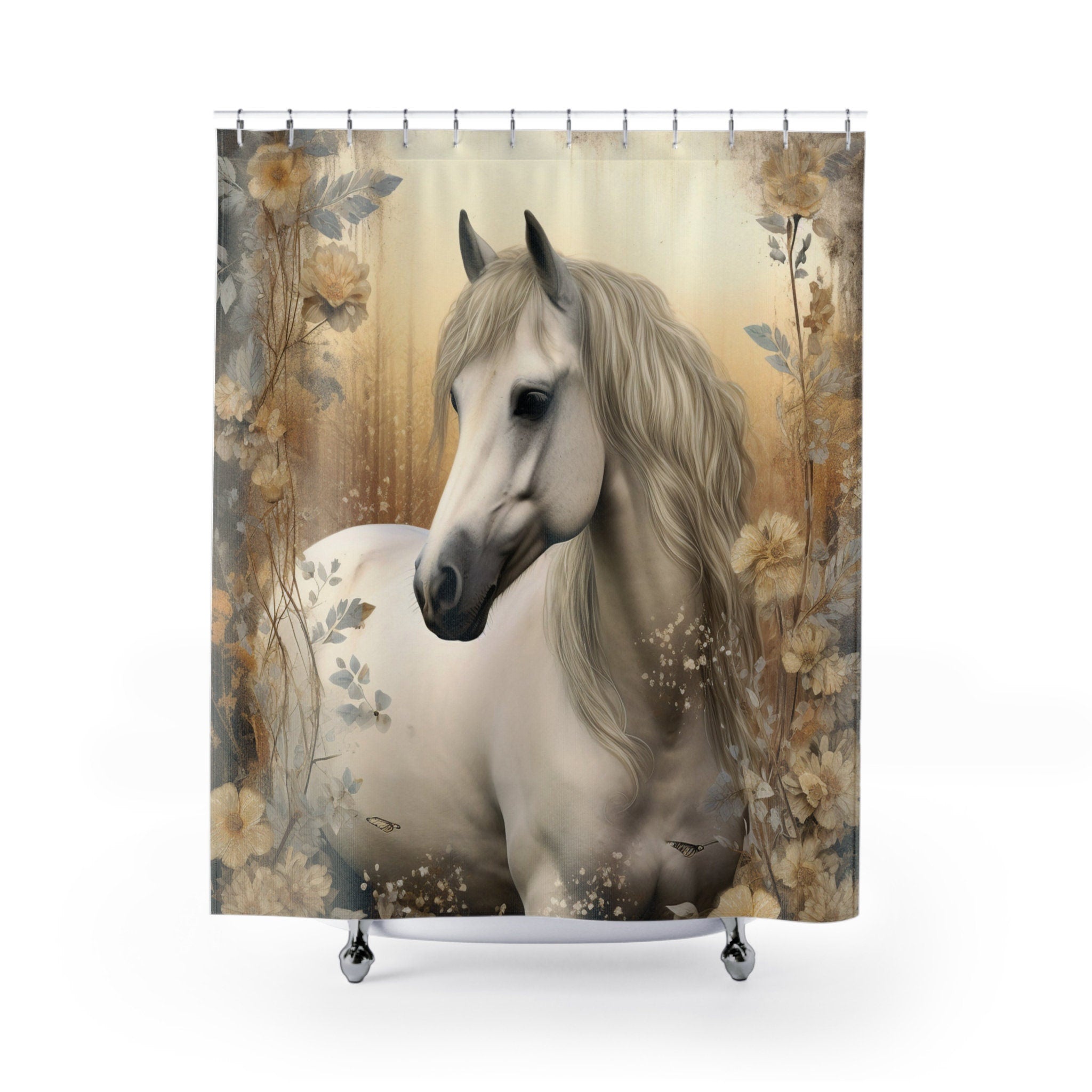 Boho Rustic Neutrals White Horse Watercolor Shower Curtain