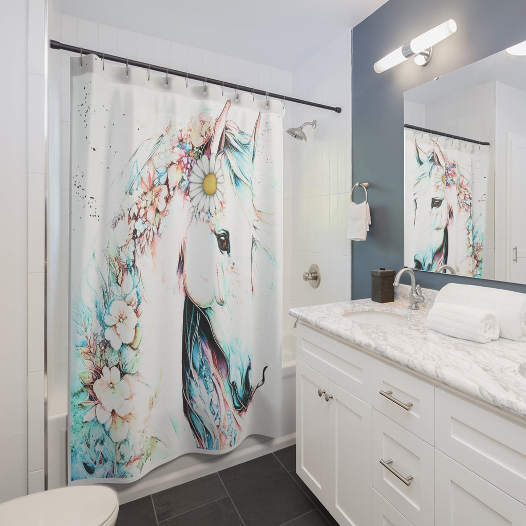 Boho White Stallion Teal Accents Shower Curtain