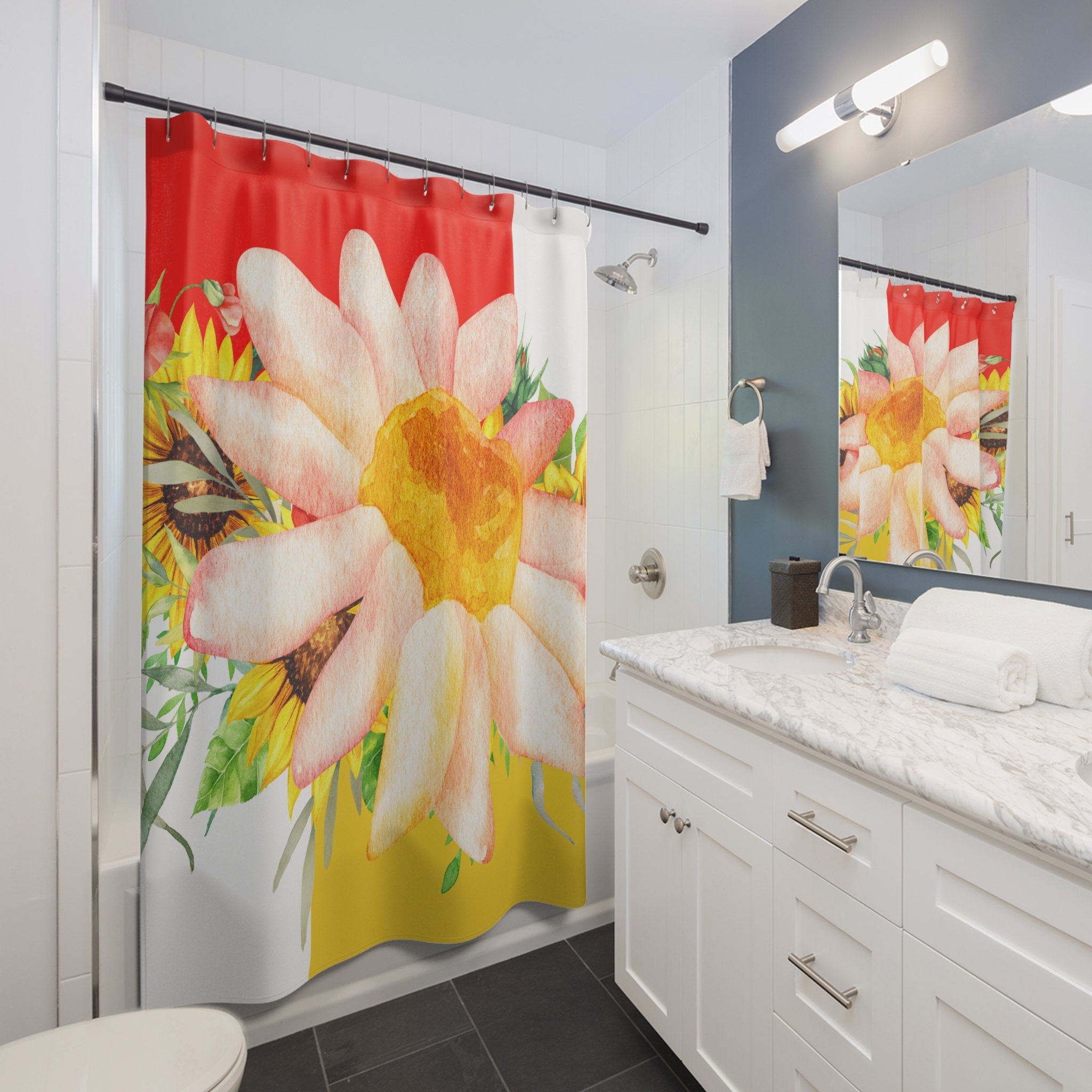 Sunflower Bright Summer Red Whimsy and Yellow  Shower Curtain