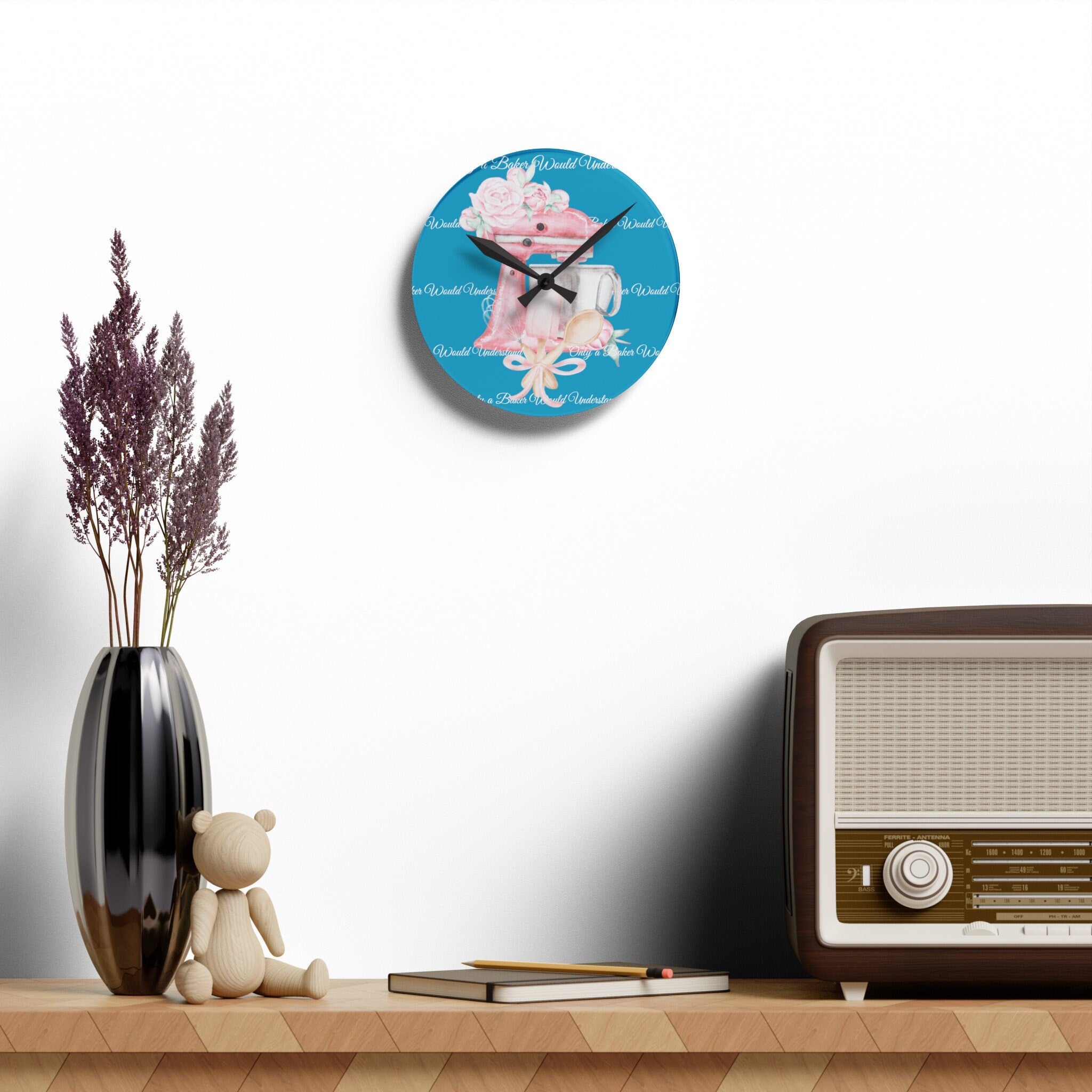 Baking Romance Shabby Boho Acrylic Wall Clock Teal