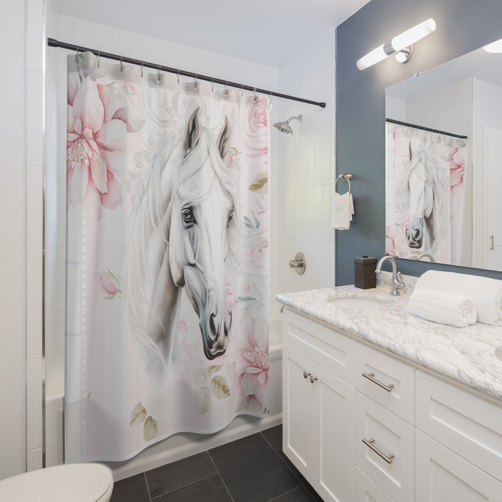 Shabby Rustic Chic White Horse Cottage Shower Curtain
