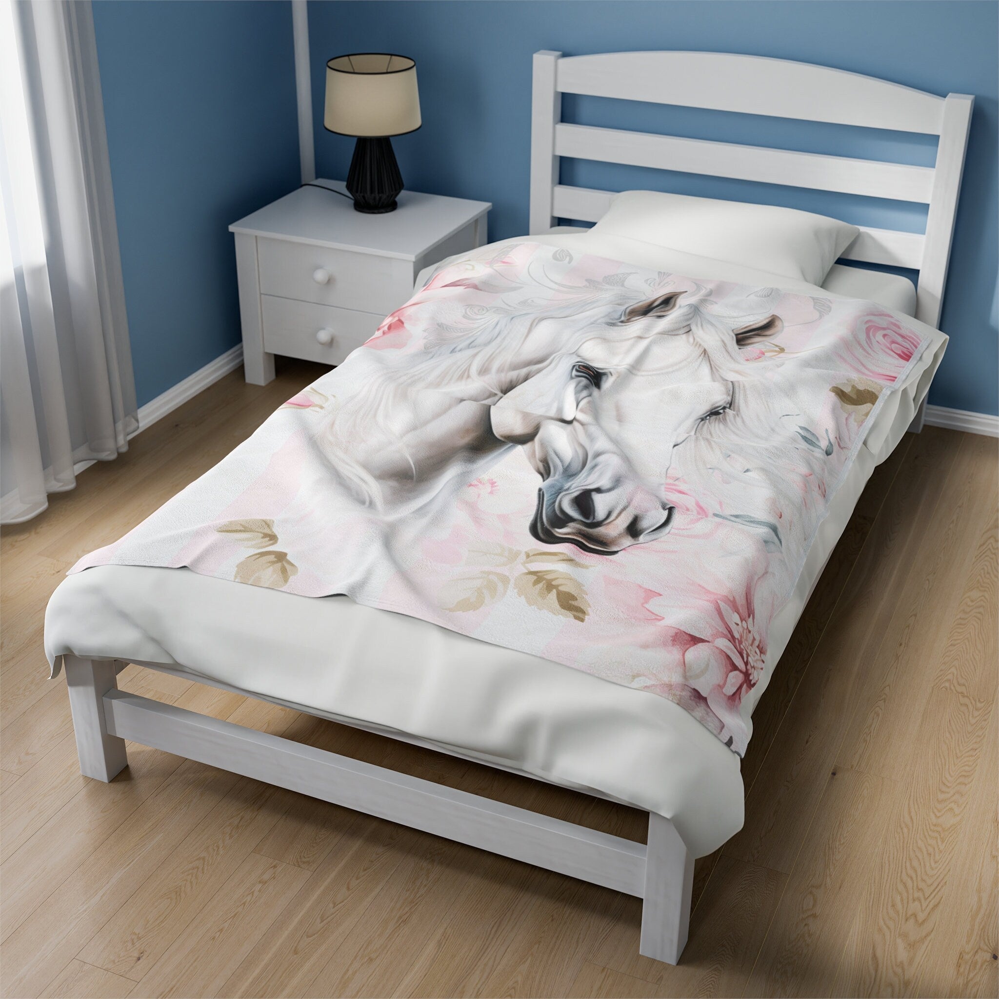 Shabby Rustic Chic White Horse Cottage Plush Blanket