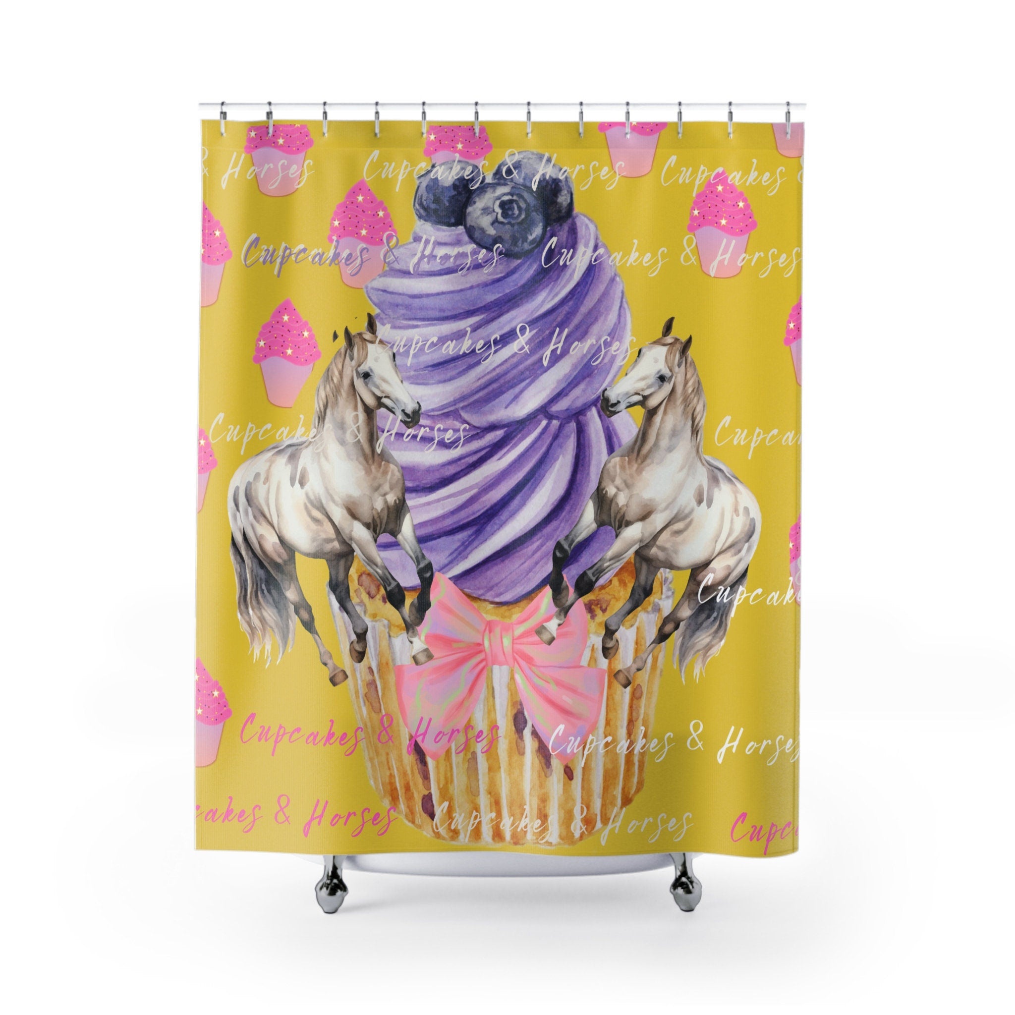 Yellow Cupcakes & Horses Playful Shower Curtain