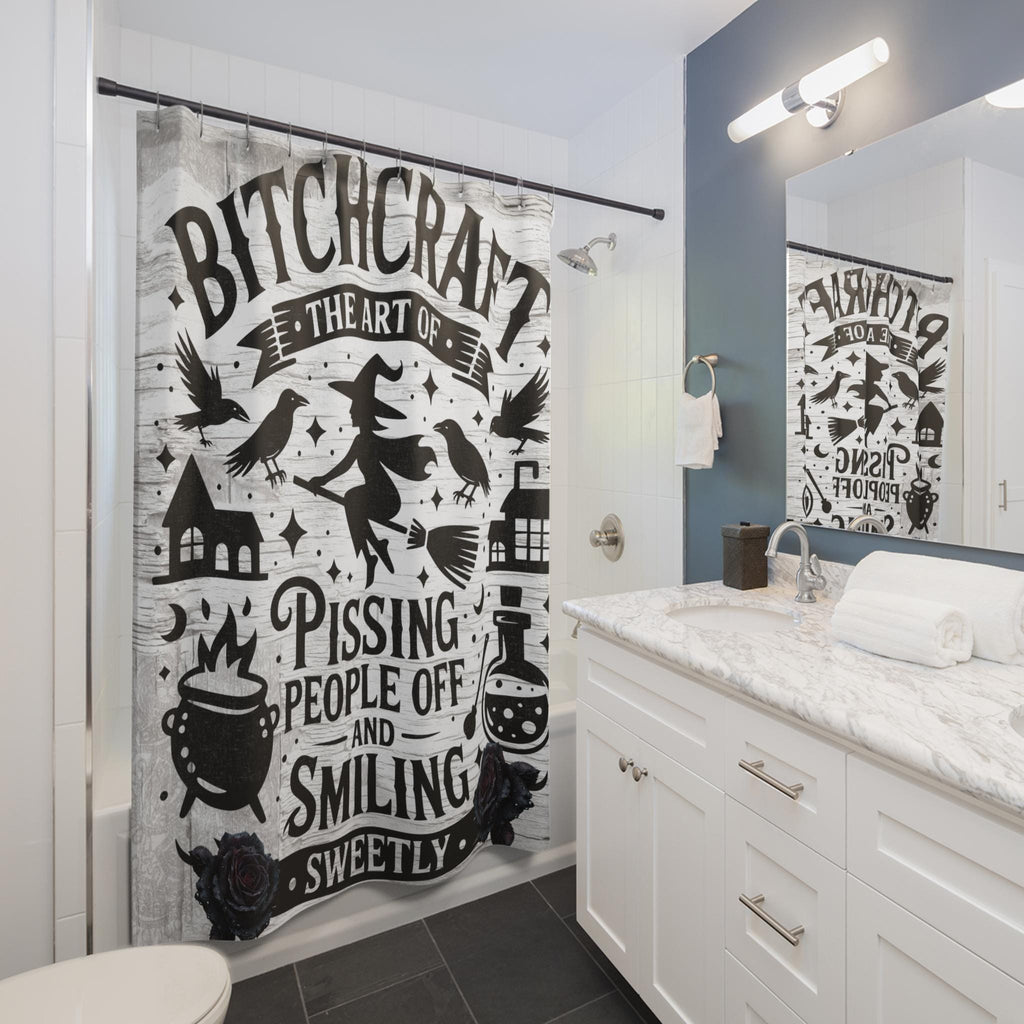 Funny 'Bitchcraft' Shower Curtain: Sarcastic Witchy Bathroom Decor