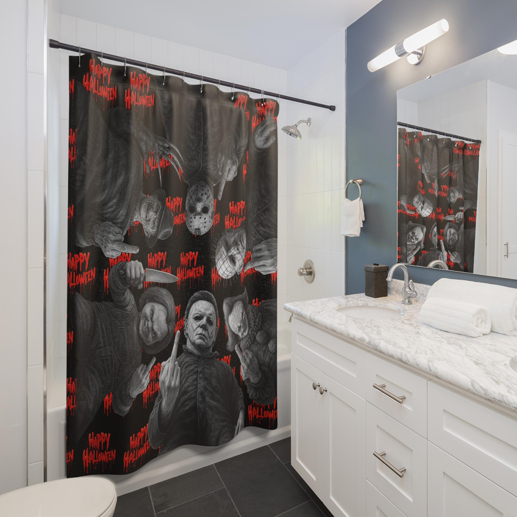 Horror Movie Villains Shower Curtain: 80s Slasher Halloween Bathroom Decor