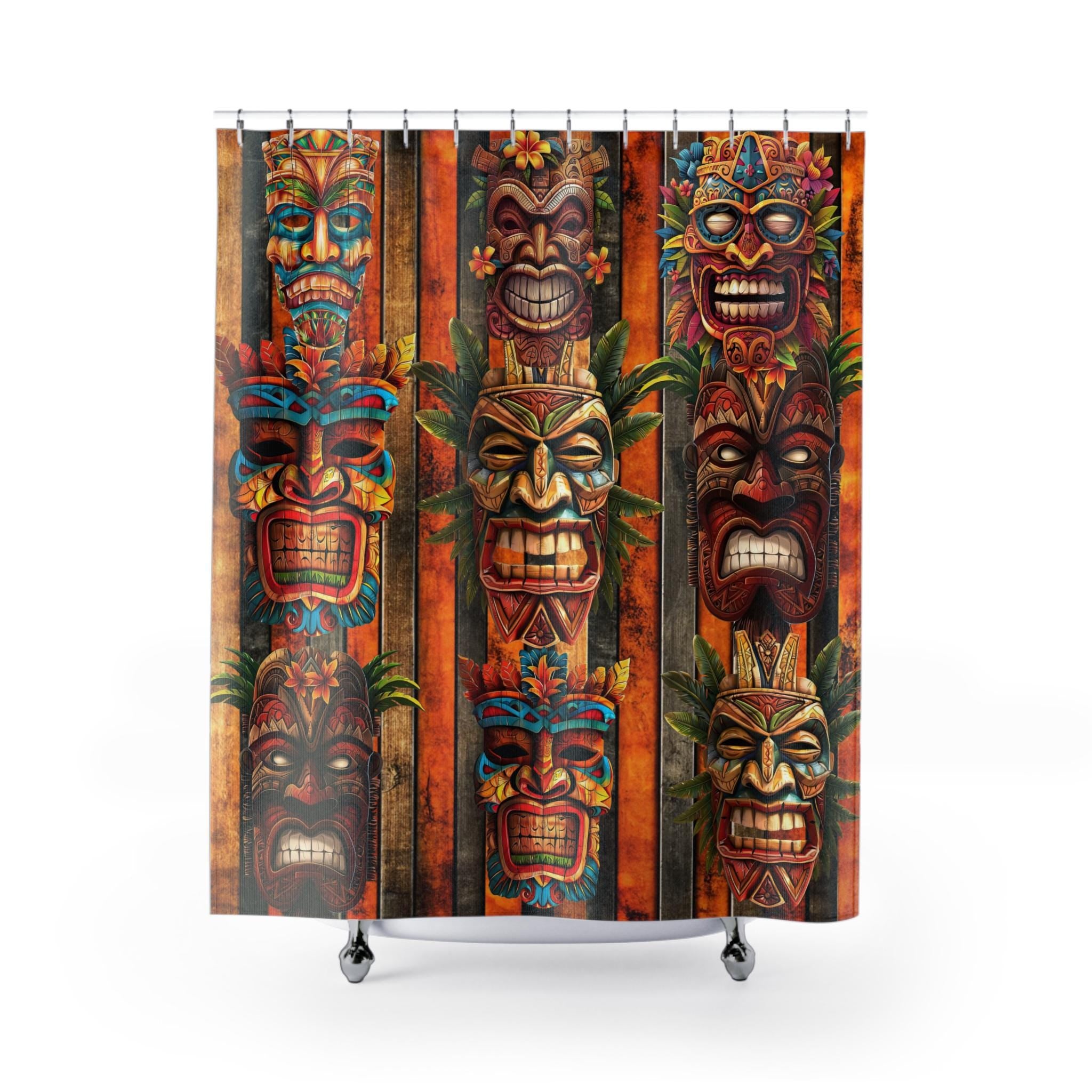 Tiki Masks Shower Curtain: Hawaiian Tropical Bathroom Decor