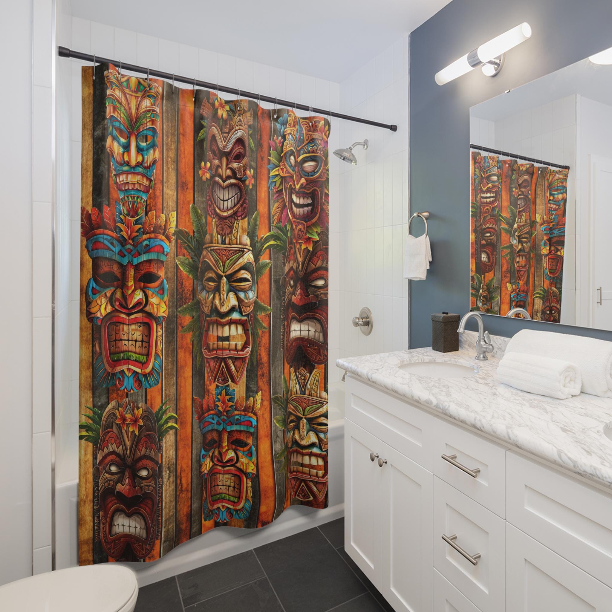 Tiki Masks Shower Curtain: Hawaiian Tropical Bathroom Decor