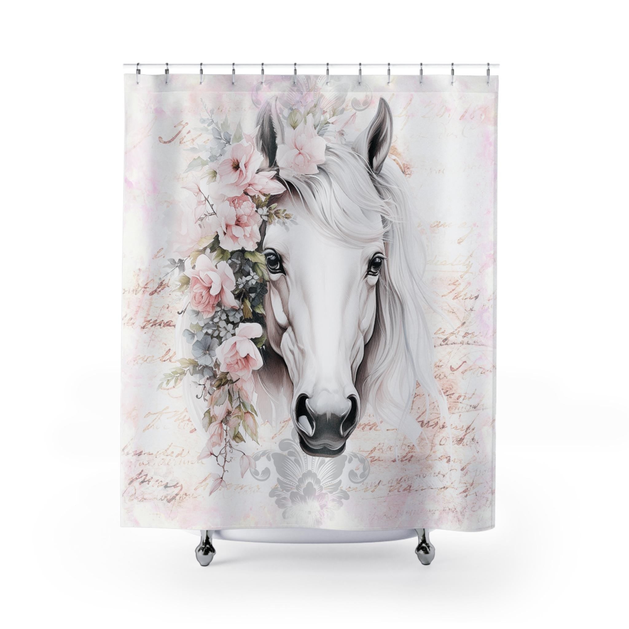 White Shabby Horse Shower Curtain: Rustic Farmhouse Equestrian Decor
