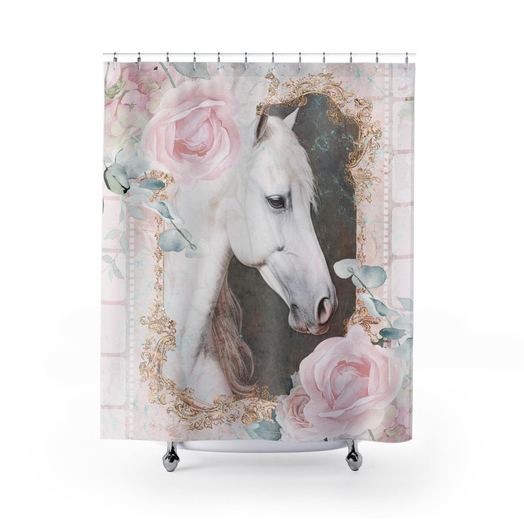 White Horse Farmhouse Shower Curtain: Rustic Shabby Chic Bathroom Decor