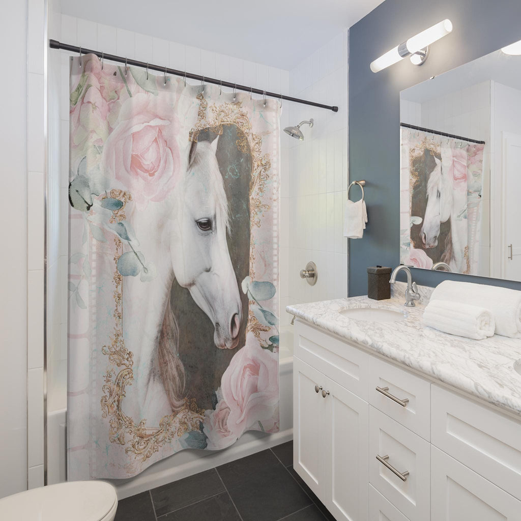 White Horse Farmhouse Shower Curtain: Rustic Shabby Chic Bathroom Decor