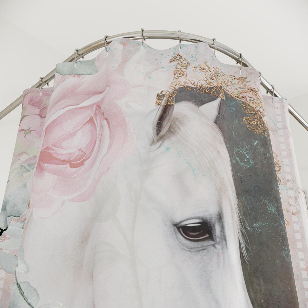 White Horse Farmhouse Shower Curtain: Rustic Shabby Chic Bathroom Decor