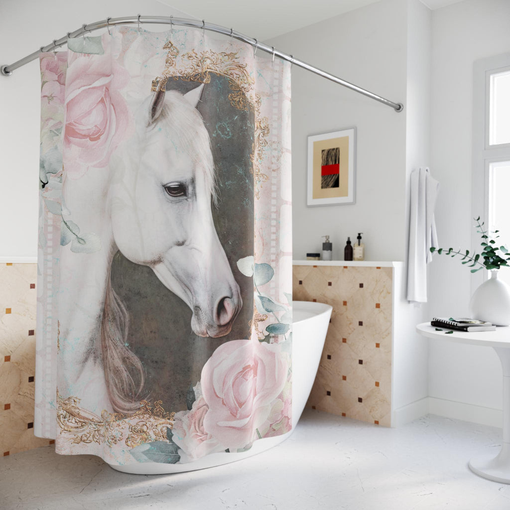 White Horse Farmhouse Shower Curtain: Rustic Shabby Chic Bathroom Decor