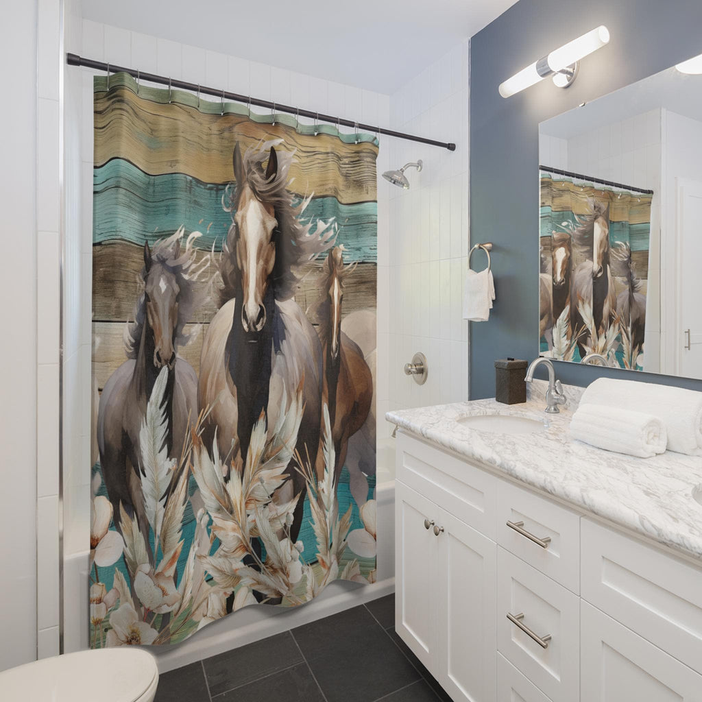 Teal Horses Shower Curtain: Boho Farmhouse Bathroom Decor