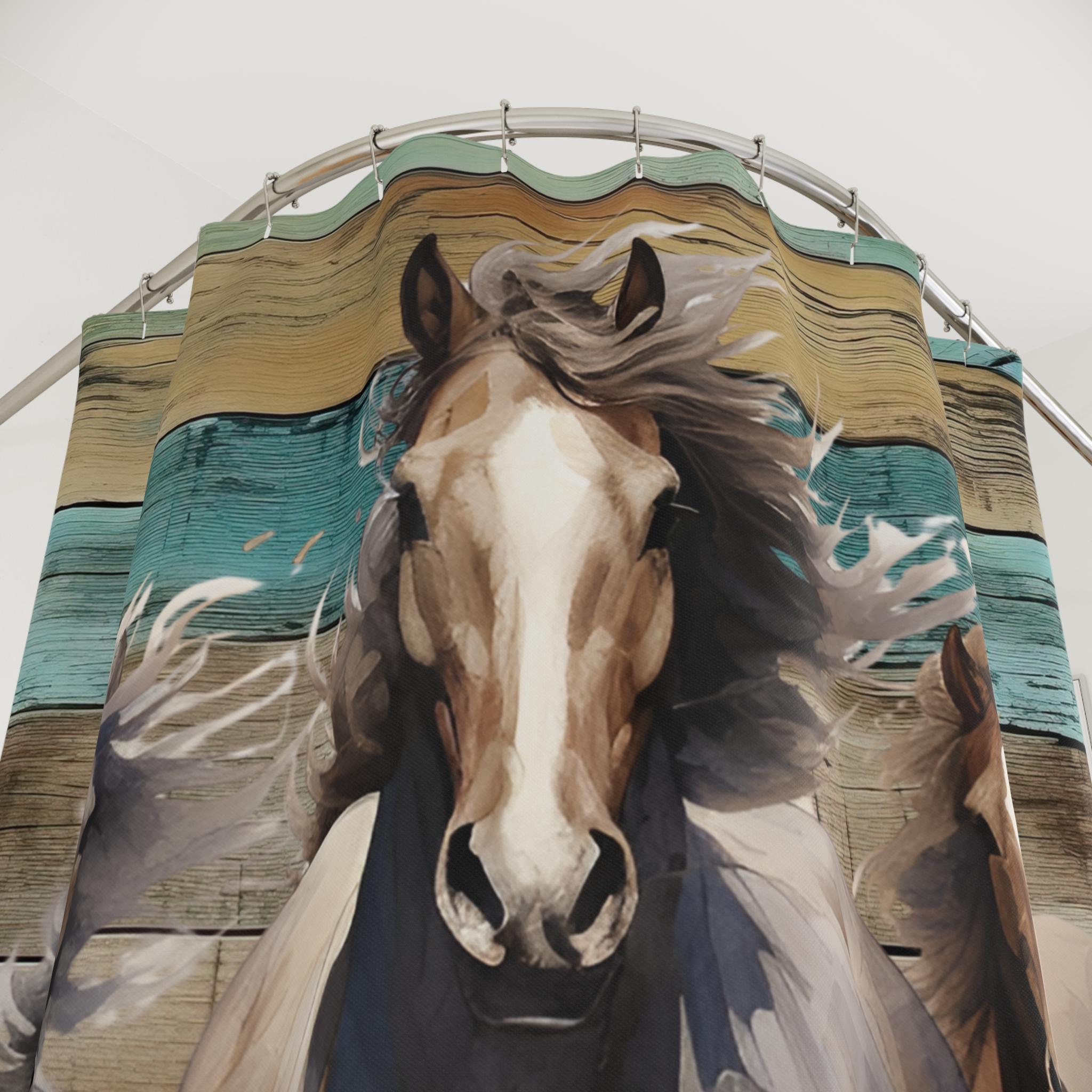 Teal Horses Shower Curtain: Boho Farmhouse Bathroom Decor