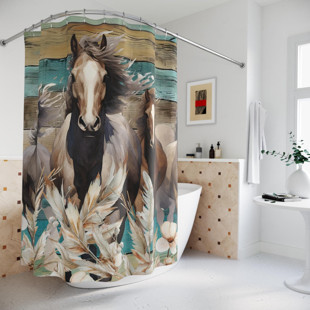 Teal Horses Shower Curtain: Boho Farmhouse Bathroom Decor