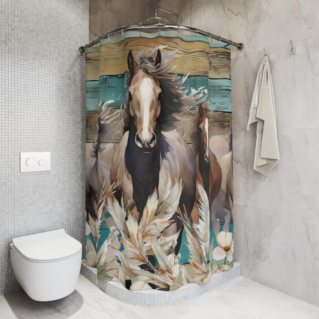 Teal Horses Shower Curtain: Boho Farmhouse Bathroom Decor
