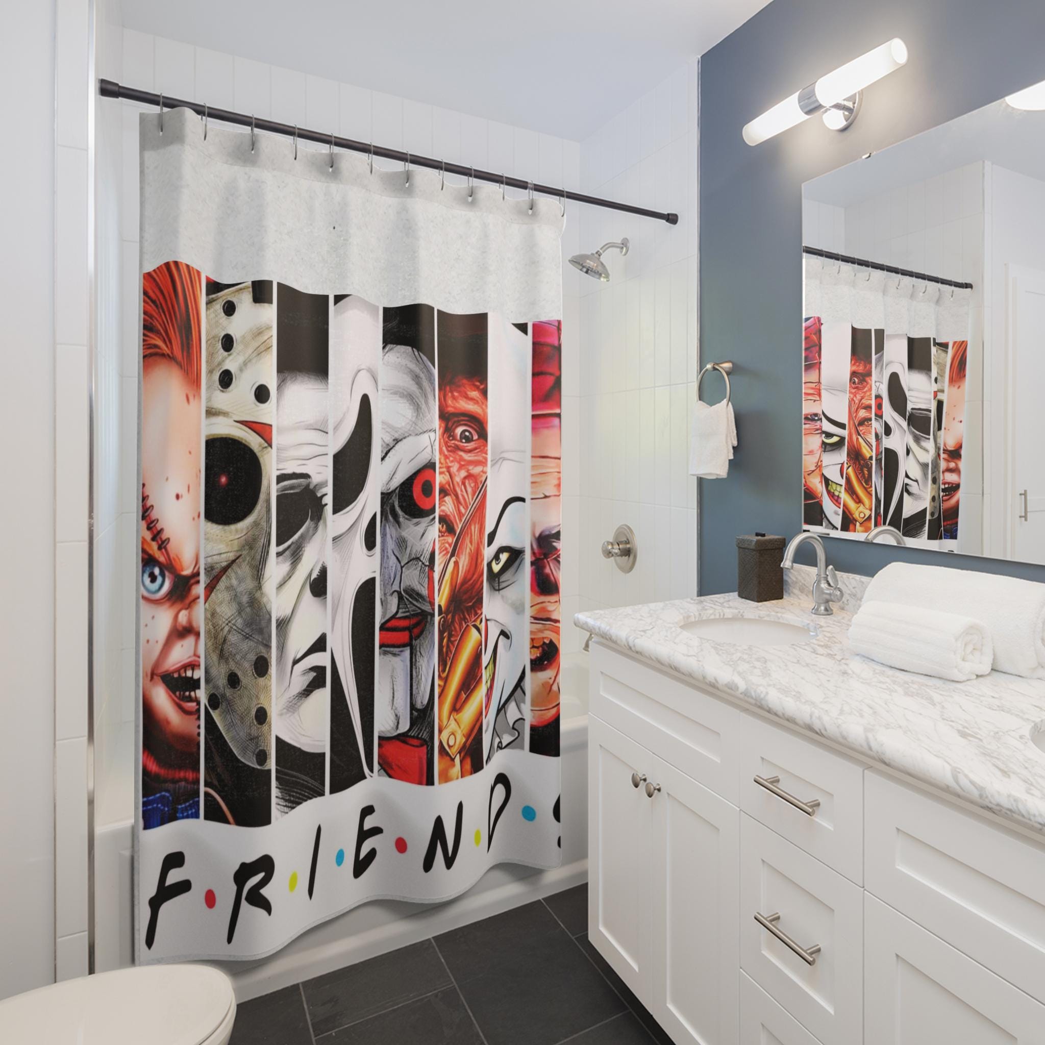 Retro Horror Movie Shower Curtain: "FRIENDS" Parody, Spooky Bathroom Decor