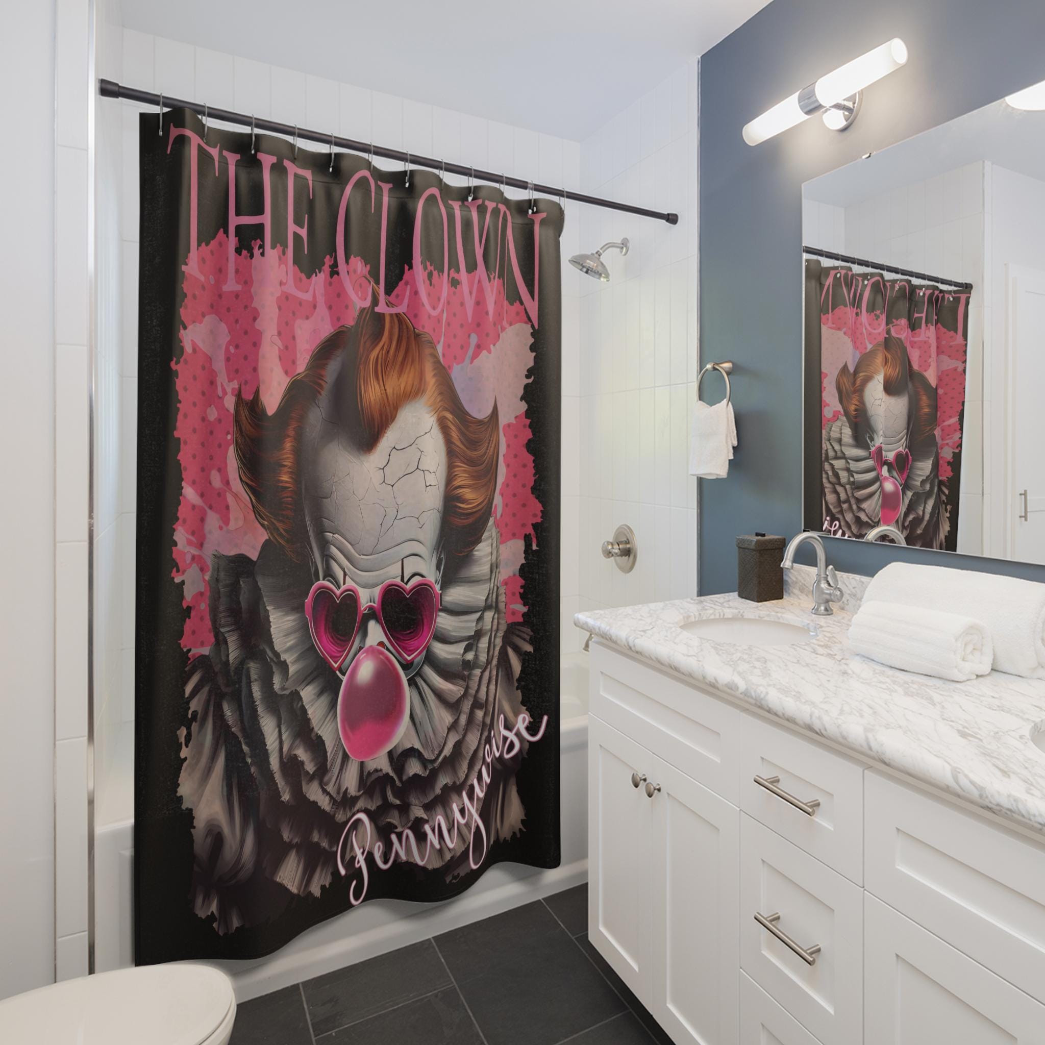 Pennywise the Clown Horror Shower Curtain  Pink & Black Gothic Creepy Bathroom Décor