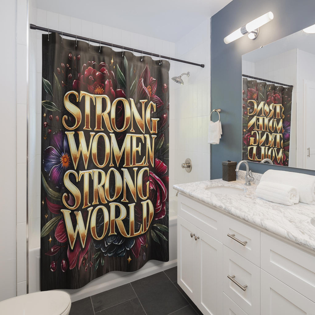 Empowering 'Strong Women' Shower Curtain: Gold, Black, Pink Bathroom Decor