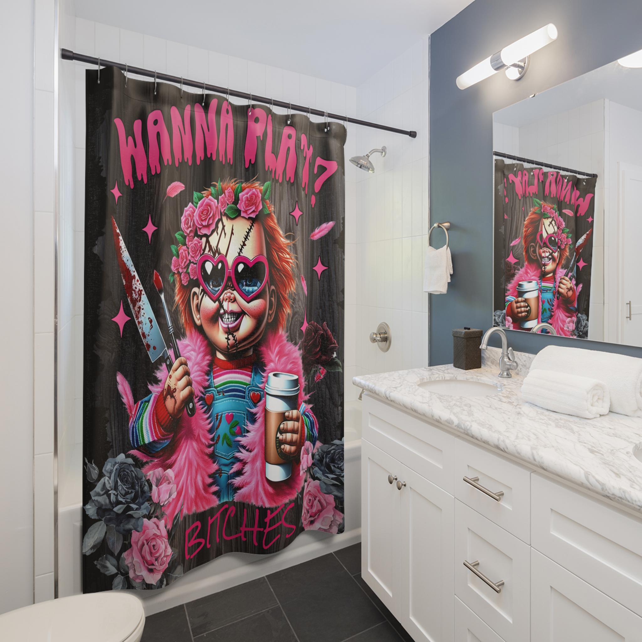 Funny Chucky Shower Curtain: Pink Horror Movie Bathroom Decor