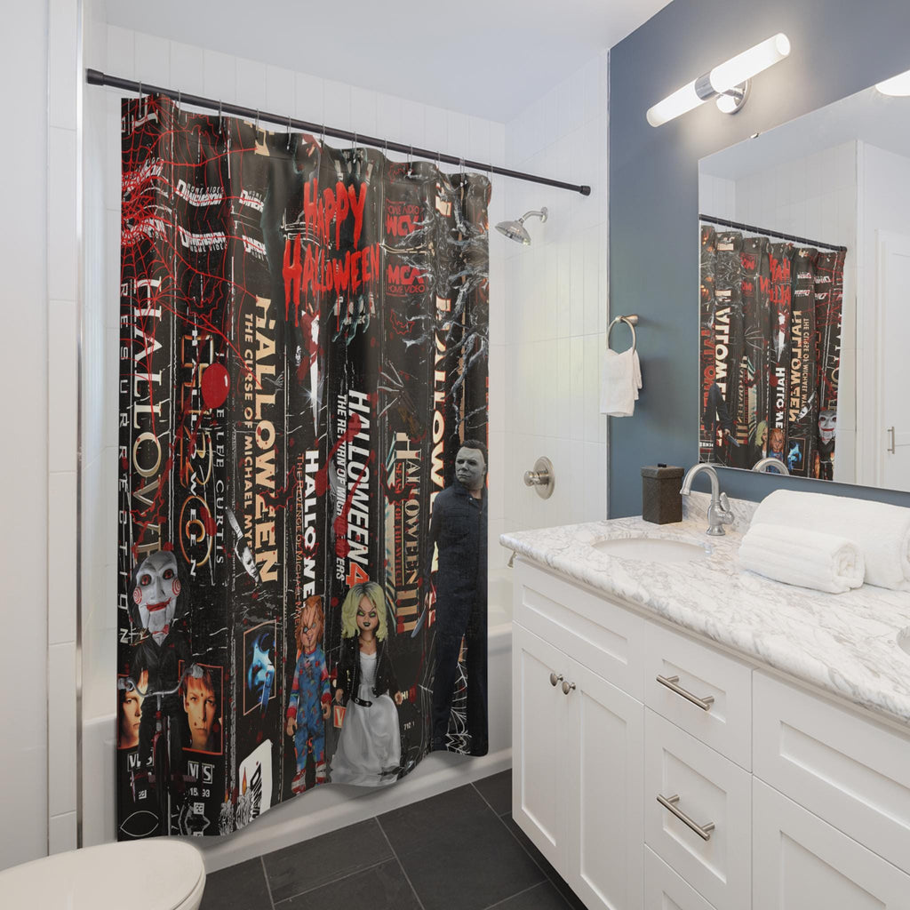 Retro Halloween VHS Shower Curtain: 80s Horror Movie Decor