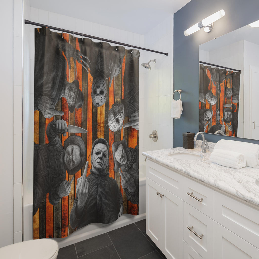 Retro Horror Slashers Shower Curtain: 80s Halloween Bathroom Decor